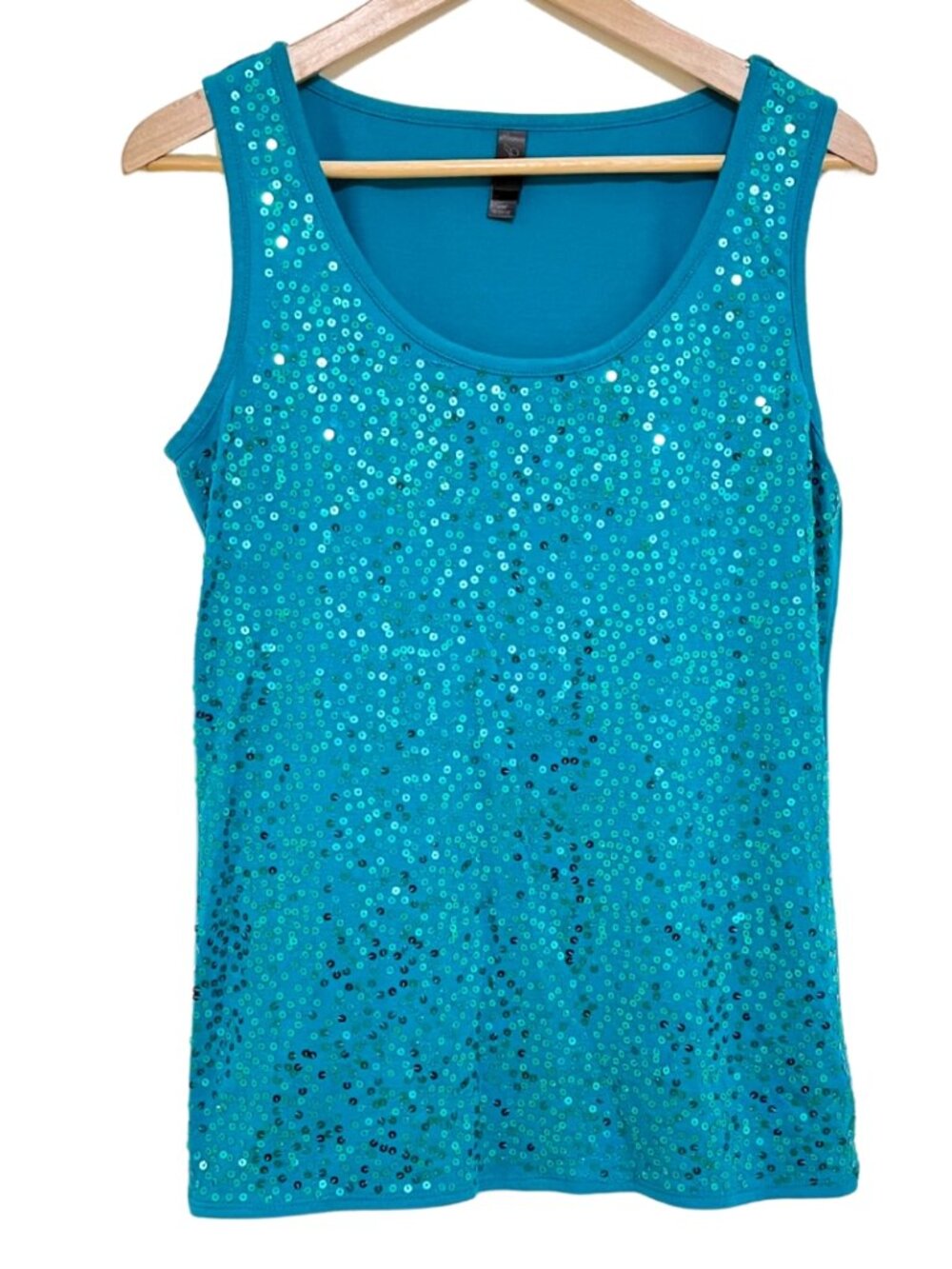 Glam Sequin Shimmer Teal Blue Scoop Neck Sleeveless Tank Top – Jessica, M